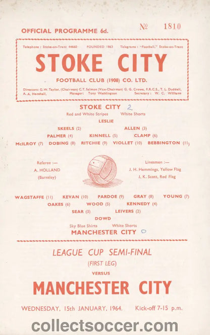 1964 League Cup Semi Final 1st Leg Stoke City v Manchester City Programme