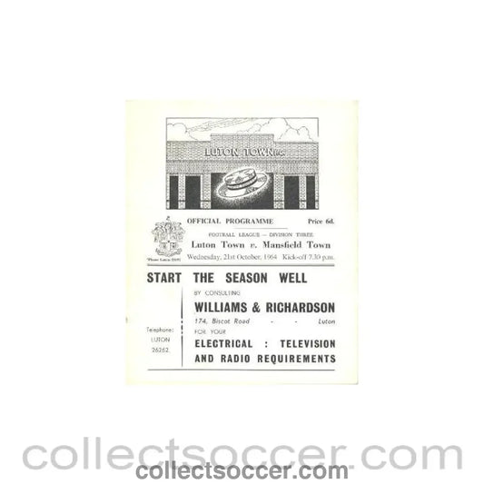 1964 - Luton Town v Mansfield Town official programme 21/10/1964 - Collect Soccer