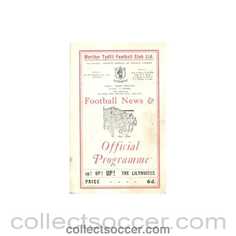 1964 - Merthyr Tydfil Wales v Weymouth official programme 02/09/1964 South League Cup - Collect Soccer