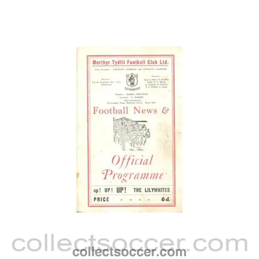 1964 - Merthyr Tydfil Wales v Weymouth official programme 02/09/1964 South League Cup - Collect Soccer