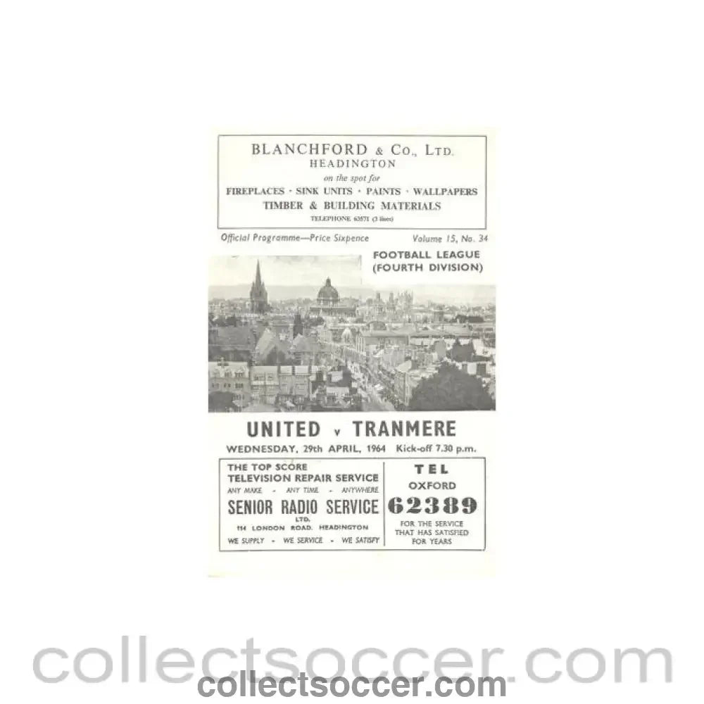 1964 - Oxford United v Tranmere official programme 29/04/1964 Football League - Collect Soccer