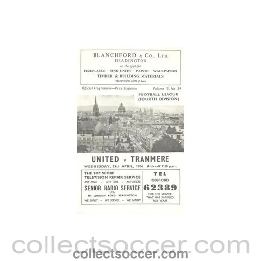 1964 - Oxford United v Tranmere official programme 29/04/1964 Football League - Collect Soccer