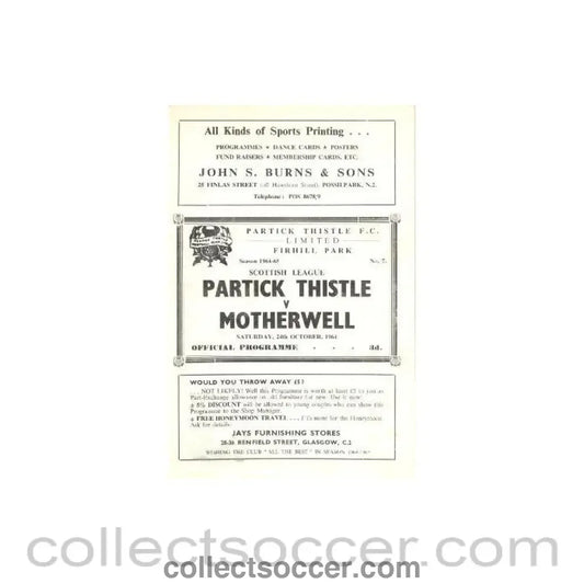 1964 - Partick Thistle v Motherwell official programme 24/10/1964 - Collect Soccer