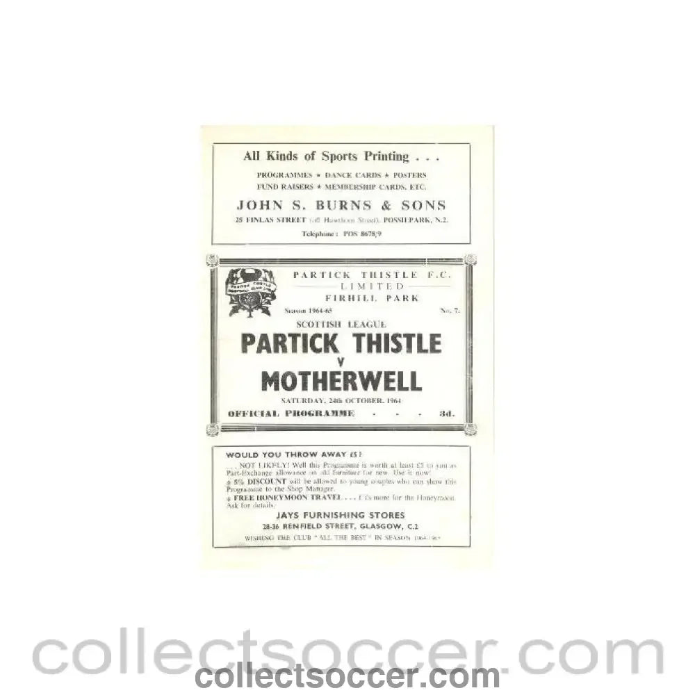 1964 - Partick Thistle v Motherwell official programme 24/10/1964 - Collect Soccer