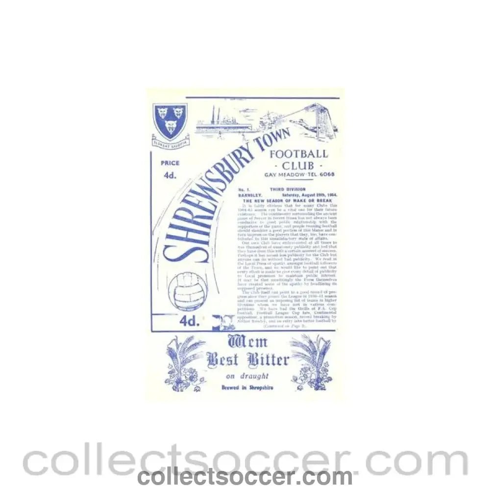 1964 - Shrewsbury Town v Barnsley official programme 29/08/1964 Football League - Collect Soccer
