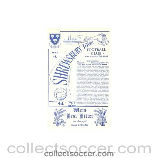 1964 - Shrewsbury Town v Barnsley official programme 29/08/1964 Football League - Collect Soccer