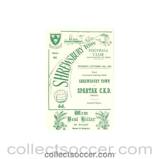 1964 - Shrewsbury Town v Spartak, Prague official programme 19/10/1964 - Collect Soccer