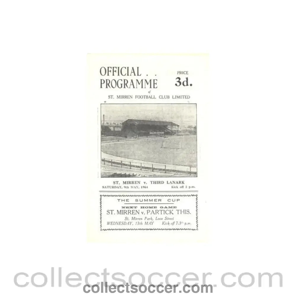 1964 - St. Mirren v Third Lanark official programme 09/05/1964 Summer Cup - Collect Soccer