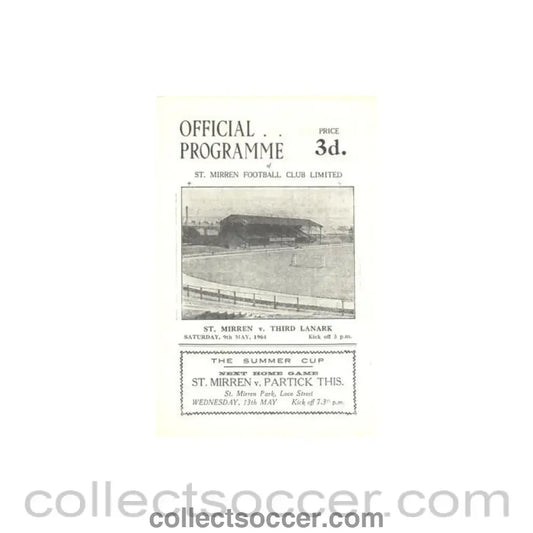 1964 - St. Mirren v Third Lanark official programme 09/05/1964 Summer Cup - Collect Soccer