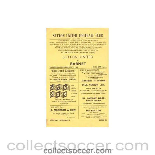 1964 - Sutton United v Barnet official programme 29/02/1964 - Collect Soccer