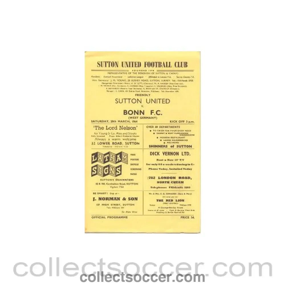 1964 - Sutton United v Bonn official programme 28/03/1964 Friendly - Collect Soccer