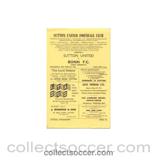 1964 - Sutton United v Bonn official programme 28/03/1964 Friendly - Collect Soccer