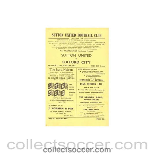 1964 - Sutton United v Oxford City official programme 11/01/1964 F.A. Amateur Cup - Collect Soccer