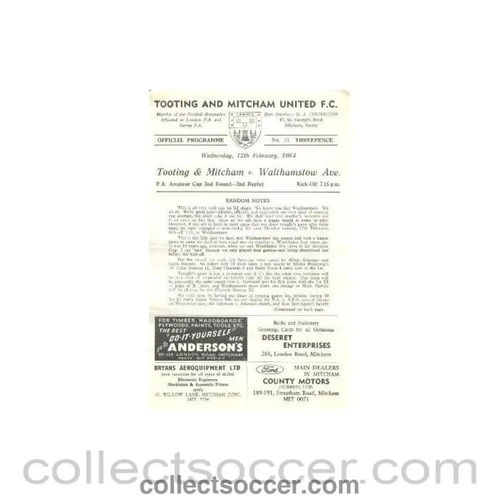 1964 - Tooting & Mitcham United v Walthamstow Avenue official programme 12/02/1964 - Collect Soccer
