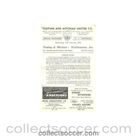 1964 - Tooting & Mitcham United v Walthamstow Avenue official programme 12/02/1964 - Collect Soccer