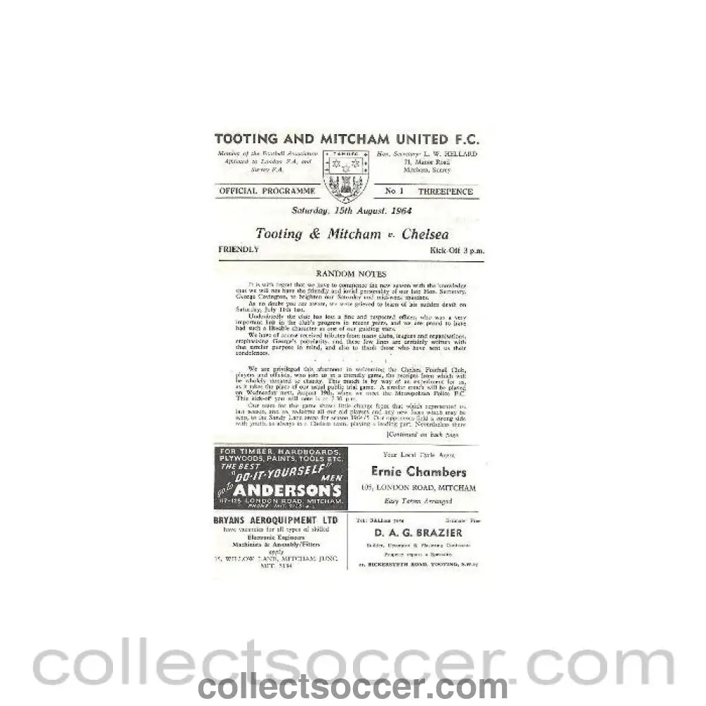 1964 - Tooting & Mitcham vChelsea official programme 15/08/1964 - Collect Soccer