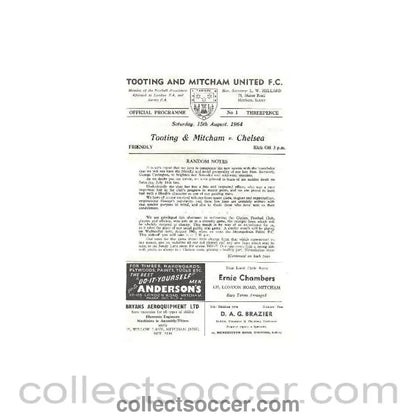 1964 - Tooting & Mitcham vChelsea official programme 15/08/1964 - Collect Soccer