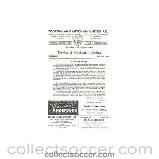 1964 - Tooting & Mitcham vChelsea official programme 15/08/1964