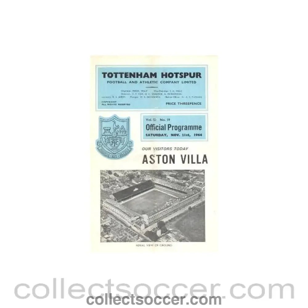 1964 - Tottenham Hotspur v Aston Villa official programme 21/11/1964 Football League - Collect Soccer