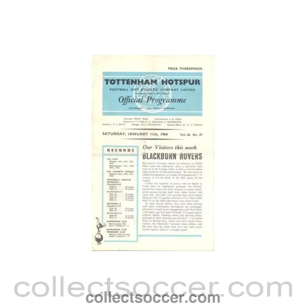 1964 - Tottenham Hotspur v Blackburn Rovers official programme 11/01/1964 Football League - Collect Soccer