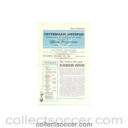 1964 - Tottenham Hotspur v Blackburn Rovers official programme 11/01/1964 Football League - Collect Soccer