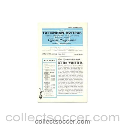 1964 - Tottenham Hotspur v Bolton Wanderers official programme 18/04/1964 Football League - Collect Soccer