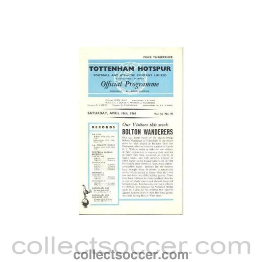 1964 - Tottenham Hotspur v Bolton Wanderers official programme 18/04/1964 Football League - Collect Soccer