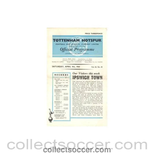 1964 - Tottenham Hotspur v Ipswich Town official programme 04/04/1964 Football League - Collect Soccer