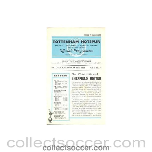 1964 - Tottenham Hotspur v Sheffield United official programme 15/02/1964 - Collect Soccer