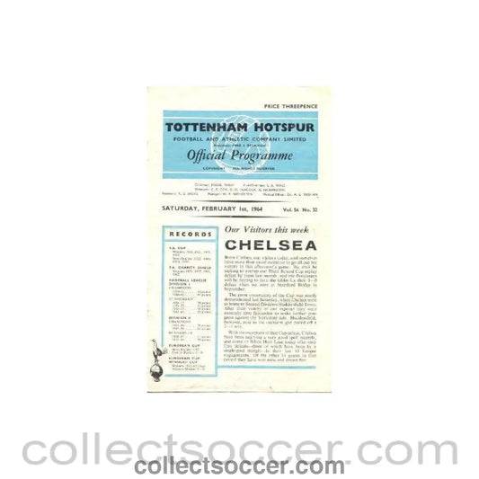 1964 - Tottenham Hotspur vChelsea official programme 01/02/1964