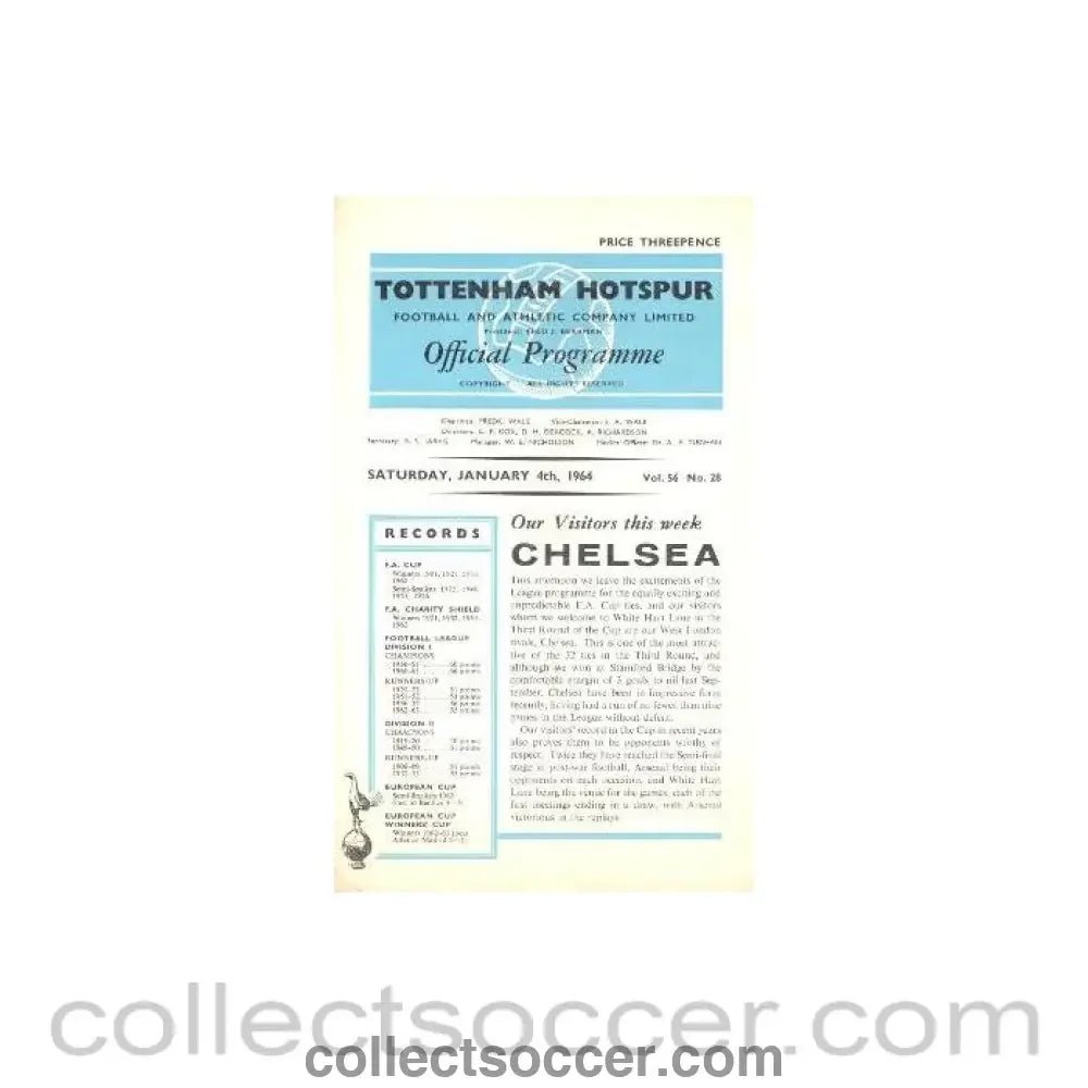 1964 - Tottenham Hotspur vChelsea official programme 04/01/1964 - Collect Soccer