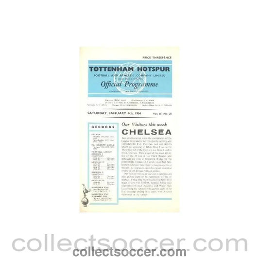 1964 - Tottenham Hotspur vChelsea official programme 04/01/1964 - Collect Soccer