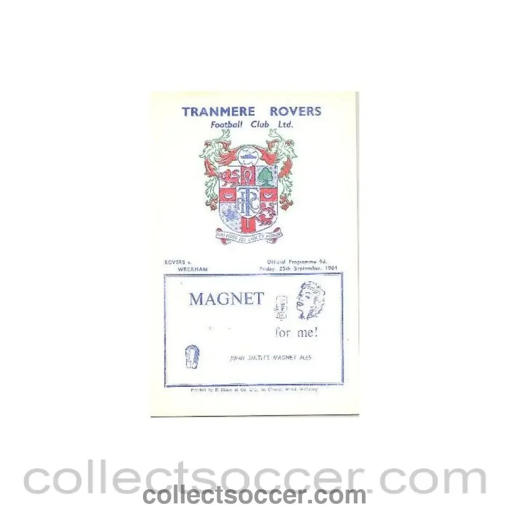 1964 - Tranmere Rovers v Wrexham official programme 25/09/1964 Football League - Collect Soccer