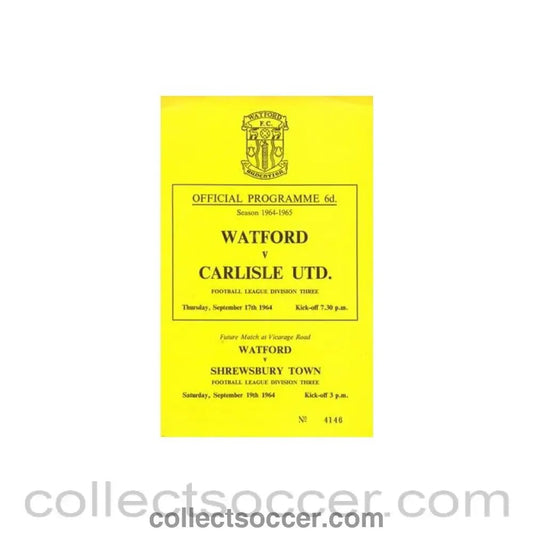 1964 - Watford v Carlisle United official programme 17/09/1964 Football League - Collect Soccer