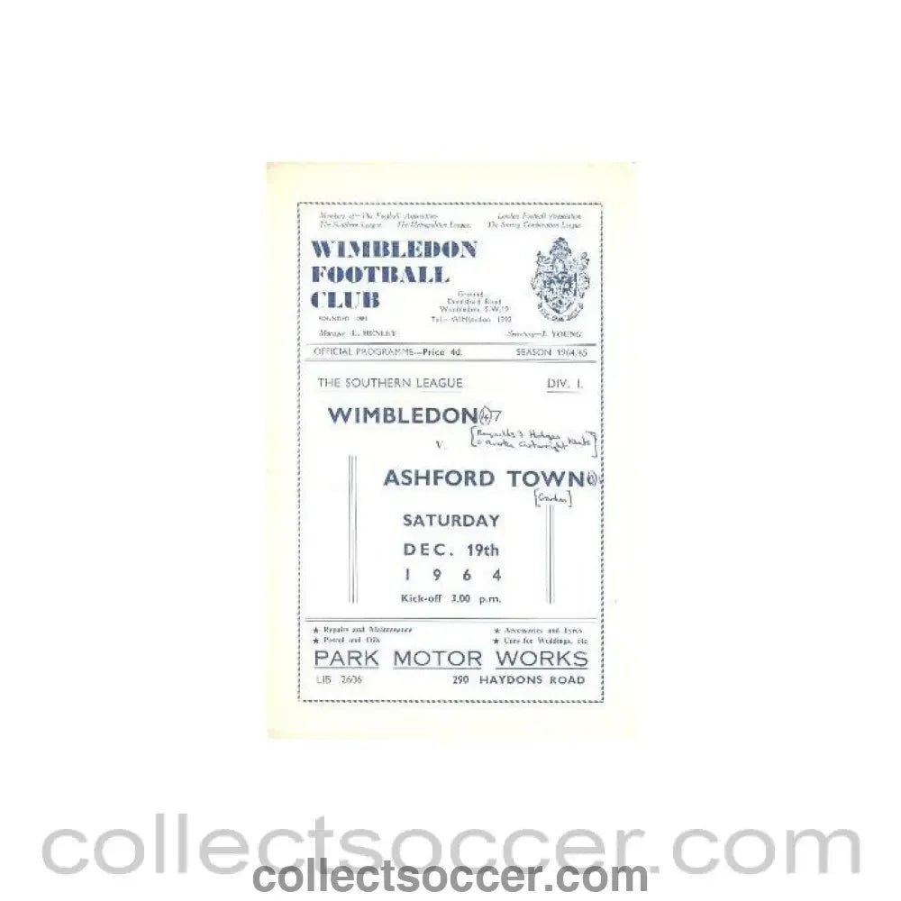 1964 - Wimbledon v Ashford Town official programme 19/12/1964 - Collect Soccer