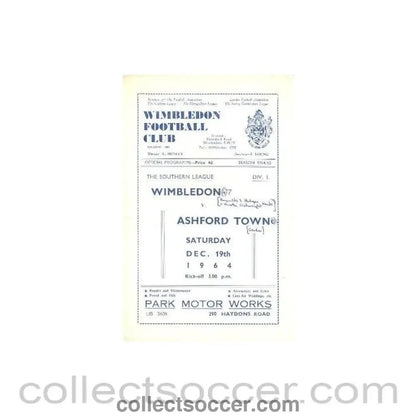 1964 - Wimbledon v Ashford Town official programme 19/12/1964 - Collect Soccer