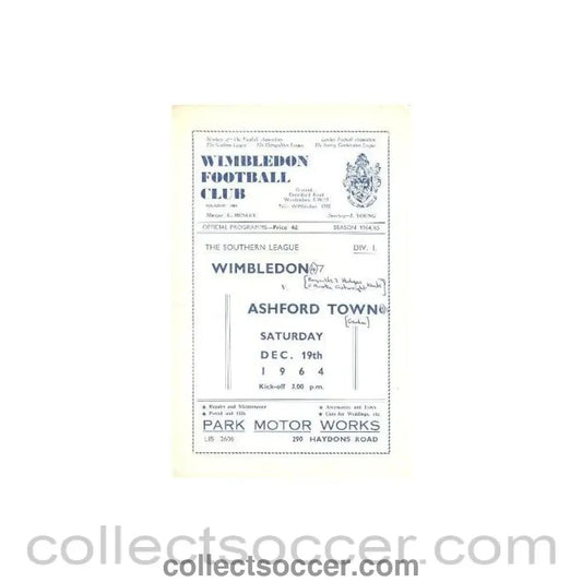 1964 - Wimbledon v Ashford Town official programme 19/12/1964 - Collect Soccer