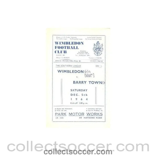 1964 - Wimbledon v Barry Town official programme 05/12/1964 - Collect Soccer