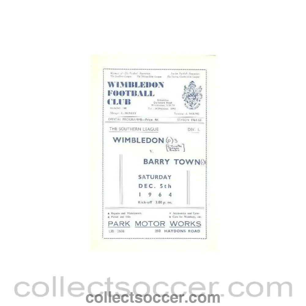 1964 - Wimbledon v Barry Town official programme 05/12/1964 - Collect Soccer