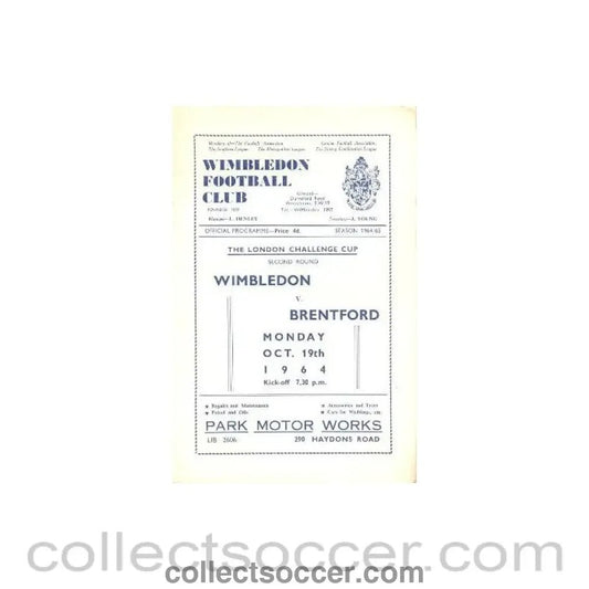 1964 - Wimbledon v Brentford official programme 19/10/1964 - Collect Soccer