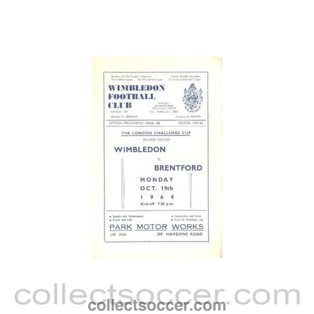 1964 - Wimbledon v Brentford official programme 19/10/1964 - Collect Soccer