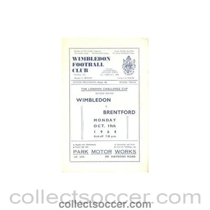 1964 - Wimbledon v Brentford official programme 19/10/1964 - Collect Soccer