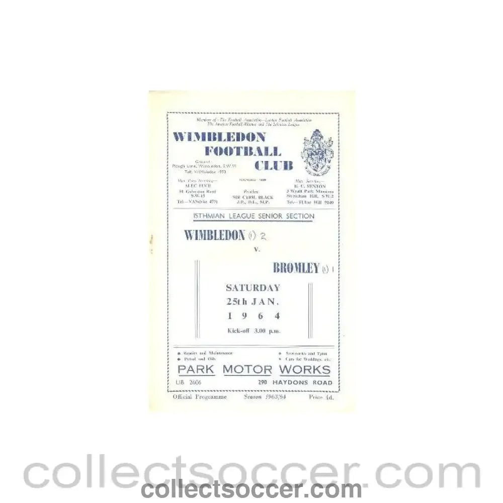 1964 - Wimbledon v Bromley official programme 25/01/1964 - Collect Soccer
