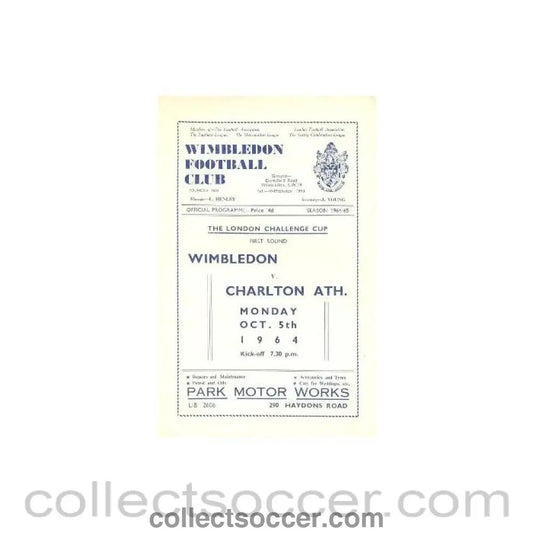 1964 - Wimbledon v Charlton Athletic official programme 05/10/1964 - Collect Soccer
