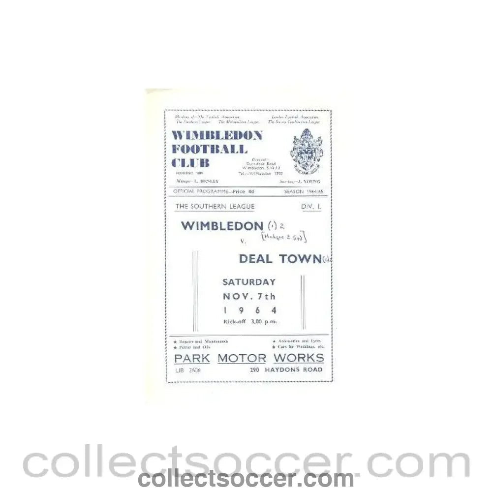 1964 - Wimbledon v Deal Town official programme 07/11/1964 - Collect Soccer