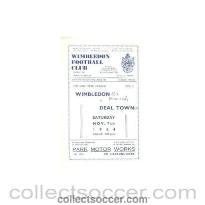 1964 - Wimbledon v Deal Town official programme 07/11/1964 - Collect Soccer