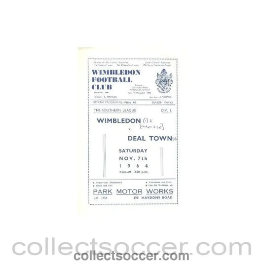 1964 - Wimbledon v Deal Town official programme 07/11/1964 - Collect Soccer