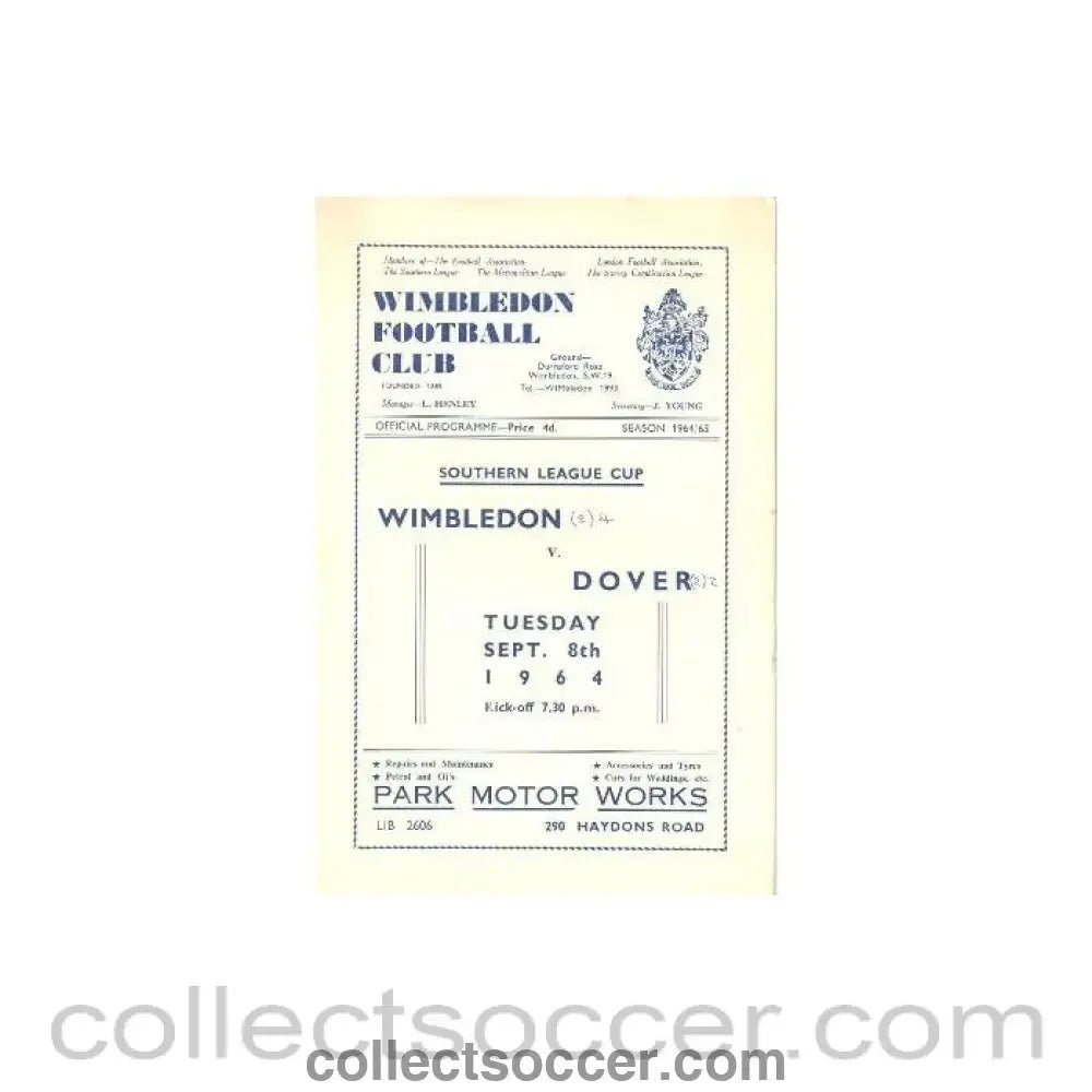 1964 - Wimbledon v Dover official programme 08/09/1964 - Collect Soccer