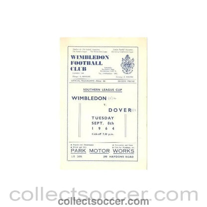 1964 - Wimbledon v Dover official programme 08/09/1964 - Collect Soccer