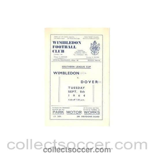 1964 - Wimbledon v Dover official programme 08/09/1964 - Collect Soccer